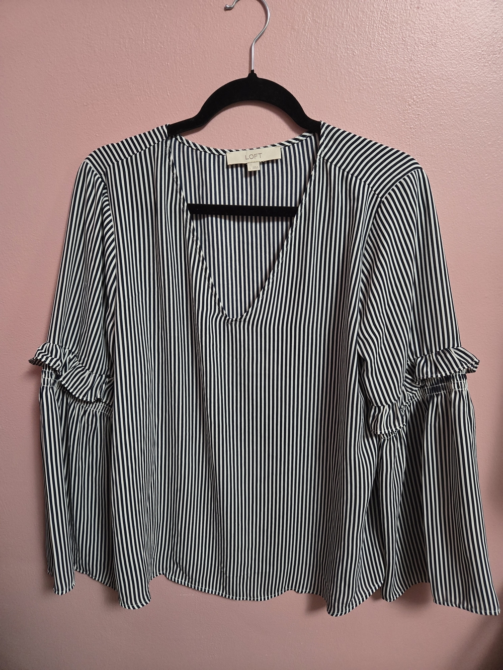 LOFT Black & White Vertical Stripe Ruffle-Sleeve V-Neck Blouse